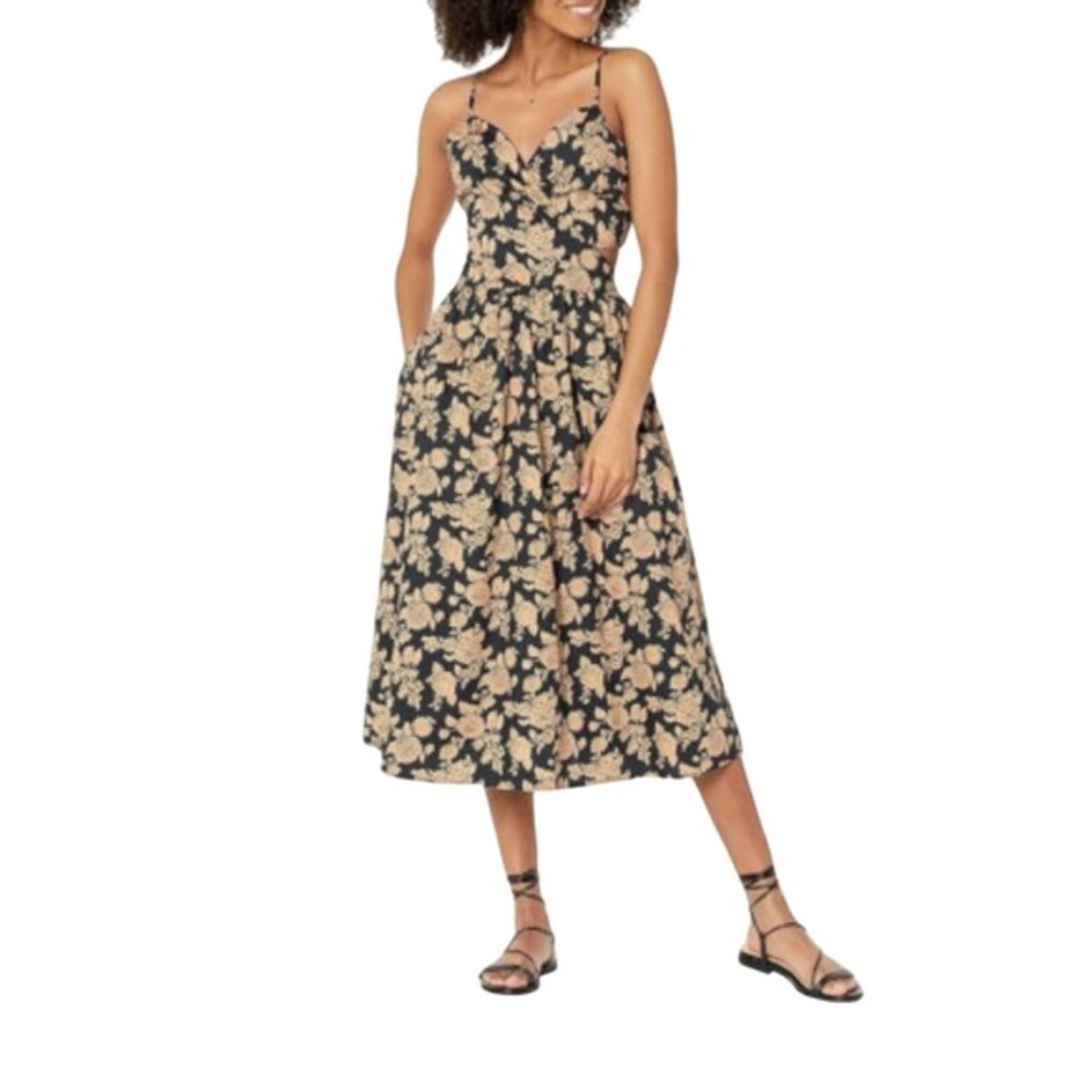 The Drop Floral Cutout Midi Dress‎ Black Adjustable Straps Smocked Back Medium